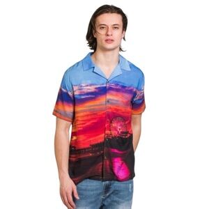 Kolby Santa Monica Pier Ferris Wheel Button Up Hawaiian Summer Lightweight Shirt